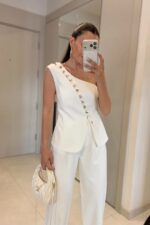 White Asymmetric Buttoned Blazer Pants Set - Image 2