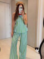 Green and White Striped Pants Set - Image 2