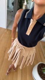 Beige Pleated Drawstring Mini Dress - Image 2