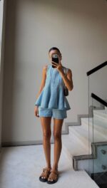 Sleeveless Light Blue Denim Two-Piece Set - Image 2