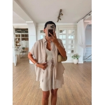 Beige Button Down Shirt and Shorts Set