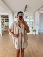 Beige Button Down Shirt and Shorts Set