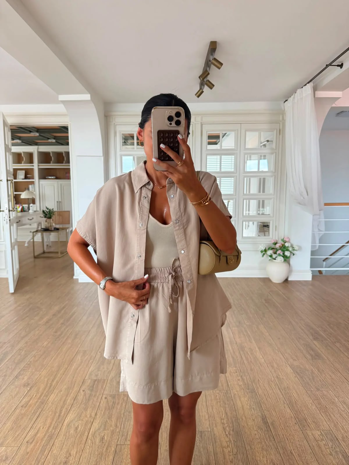 705a7b38-98e3-4e89-85f5-c6d13956a34c Beige Button Down Shirt and Shorts Set - Image 1