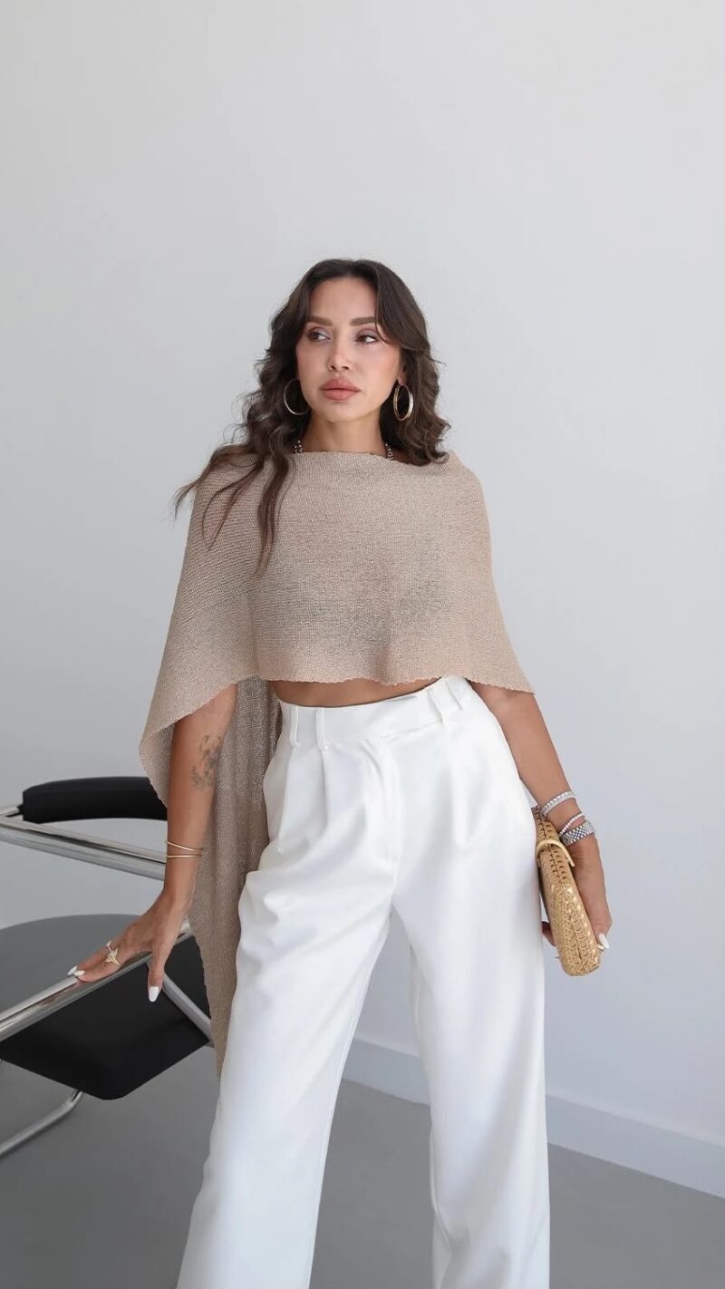Beige Knit Crop Poncho Top