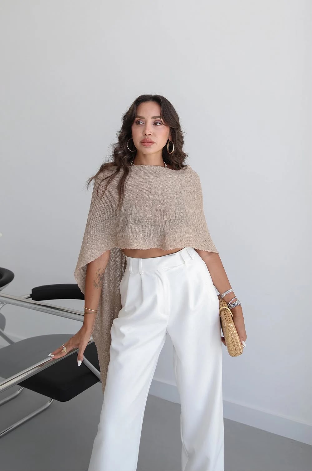 7386aa7b-4a66-421a-b23b-7ff742f0c282 Beige Knit Crop Poncho Top - Image 1