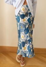 Blue Floral Pattern Satin Maxi Skirt - Image 2