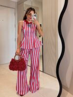 Red and White Striped Pant Set