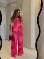 Pink Striped Sleeveless Top and Pants Set