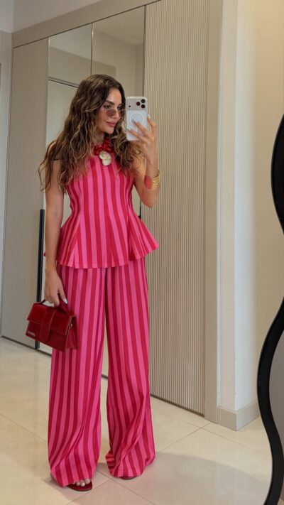 Pink Striped Sleeveless Top and Pants Set
