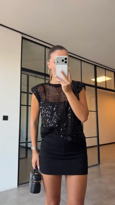 Black Sequin Sheer Sleeveless Top