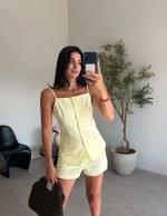 Yellow Linen Button Front Short Set
