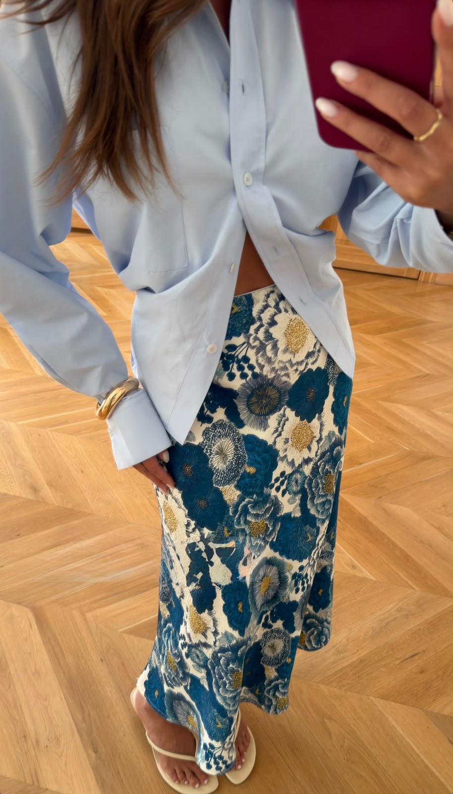 971e7e45-47a7-472e-808a-c17630d69a7b Blue Floral Pattern Satin Maxi Skirt - Image 1