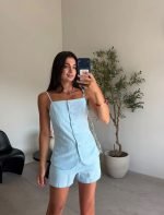 Blue Linen Button Front Short Set - Image 2
