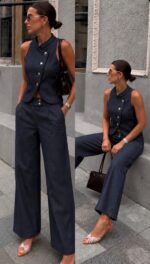 Sleeveless Denim Vest and Wide Leg Pants Set - Image 2