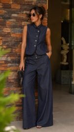 Sleeveless Denim Vest and Wide Leg Pants Set