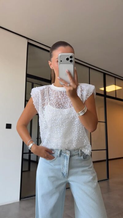 White Sequin Mesh Sleeveless Top
