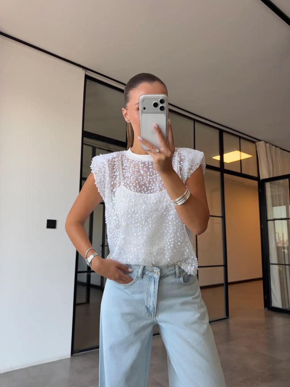 9df29386-67d2-4079-8b42-2727ffba8a8e White Sequin Mesh Sleeveless Top - Image 1