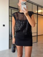 Black Sequin Sheer Sleeveless Top - Image 3