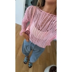Pink Knit Sheer Cropped Sweater - Image 2