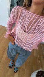 Pink Knit Sheer Cropped Sweater - Image 2