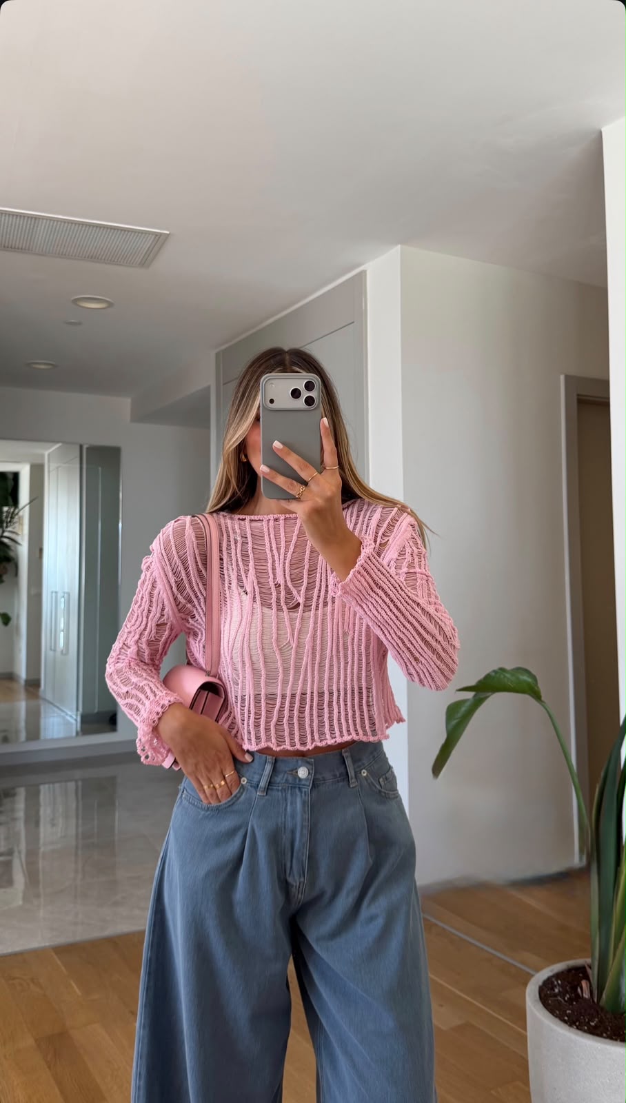 IMG-20260724-WA0049 Pink Knit Sheer Cropped Sweater - Image 1