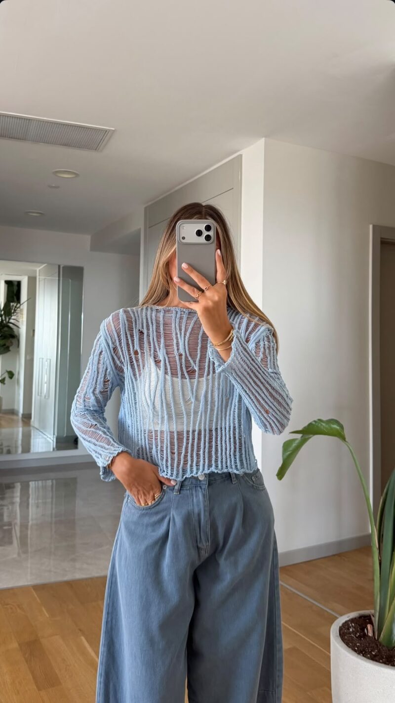 Blue Knit Sheer Cropped Sweater