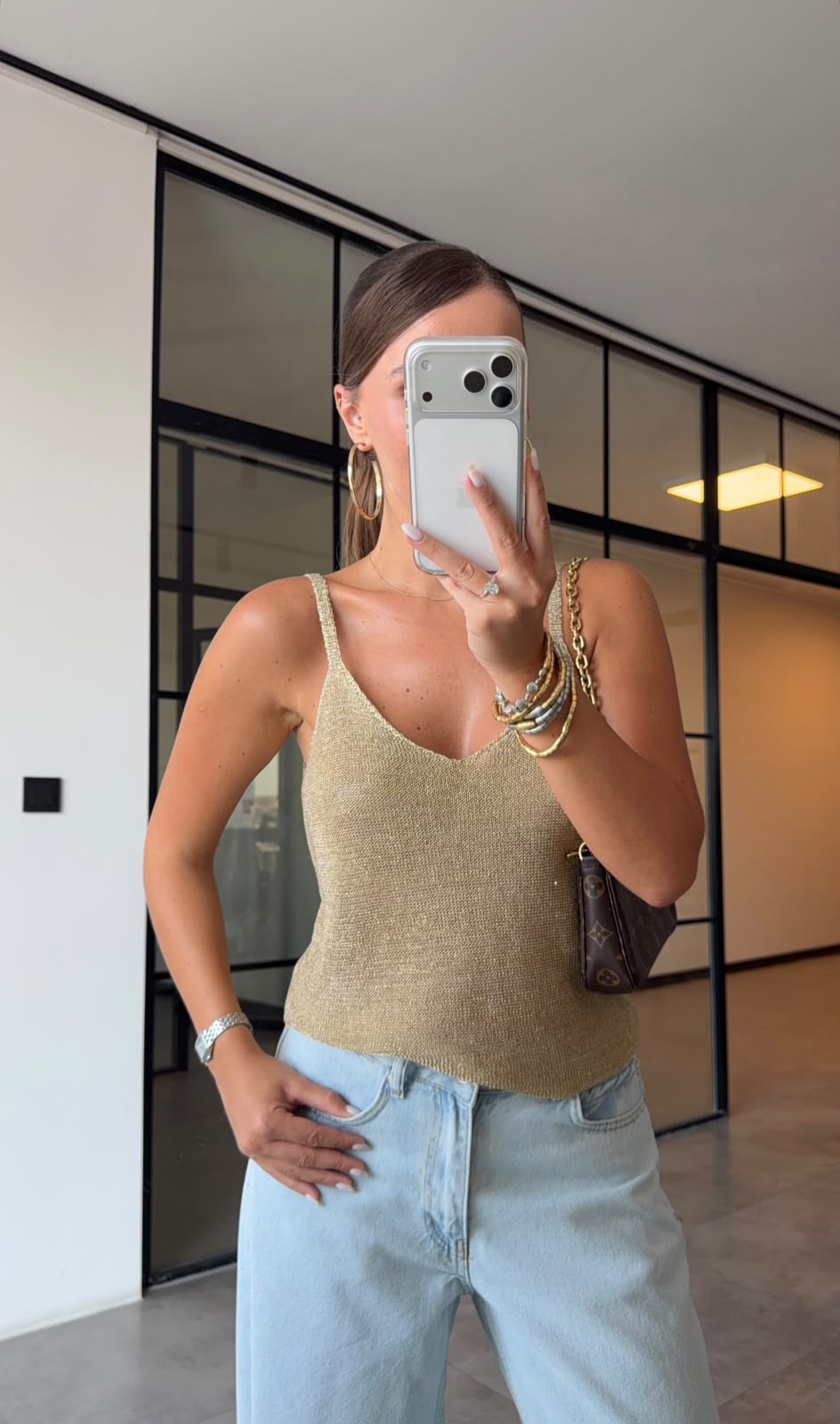 WhatsApp Image 2026-07-03 at 2.15.28 PM Champagne Gold Metallic Knit Cami Top - Image 1