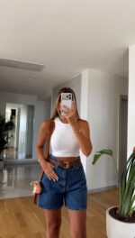 High Waisted Blue Denim Shorts - Image 2