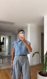 Sleeveless Denim Drawstring Crop Top - Image 3