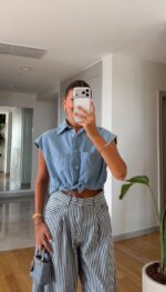 Sleeveless Denim Drawstring Crop Top