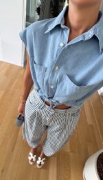 Sleeveless Denim Drawstring Crop Top - Image 2