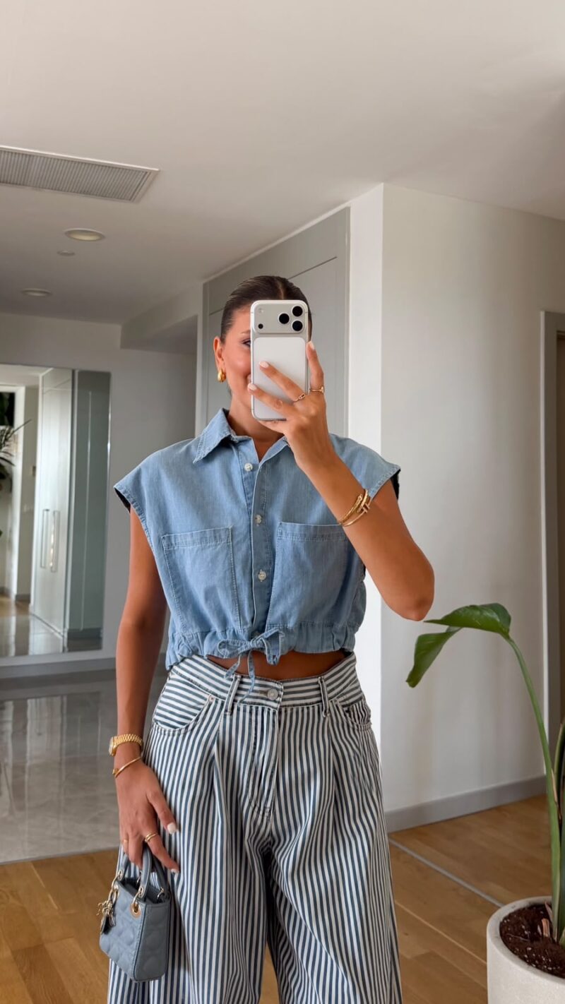 Sleeveless Denim Drawstring Crop Top