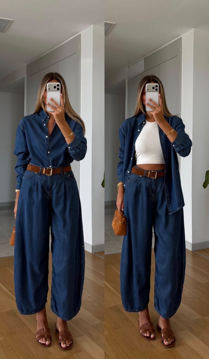 Denim Shirt and Wide Leg Pants Set