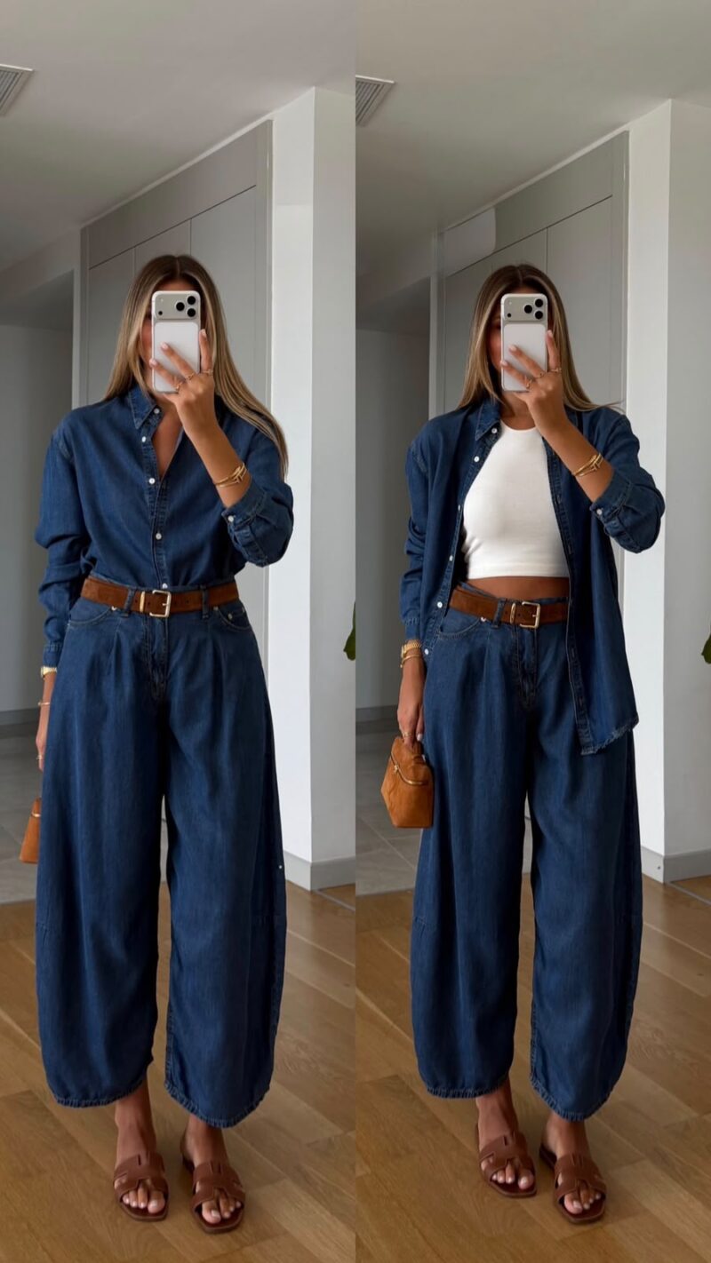 Denim Shirt and Wide Leg Pants Set