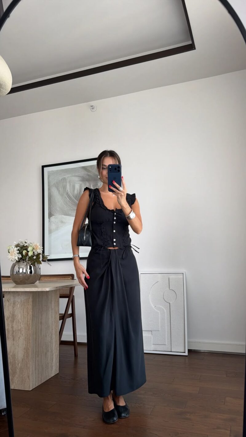 Black Ruffle Sleeve Top and Maxi Skirt Set
