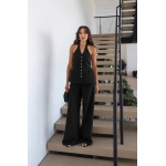 Black Halter Top and Wide Leg Pants Set - Image 2