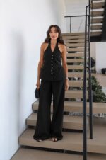 Black Halter Top and Wide Leg Pants Set - Image 2