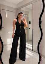 Black Halter Top and Wide Leg Pants Set