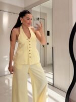 Butter Yellow Halter Top and Wide Leg Pants Set - Image 2