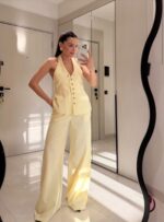 Butter Yellow Halter Top and Wide Leg Pants Set