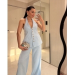 Blue Halter Top and Wide Leg Pants Set - Image 2