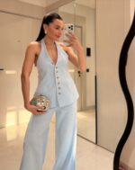 Blue Halter Top and Wide Leg Pants Set - Image 2