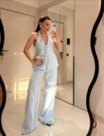 Blue Halter Top and Wide Leg Pants Set