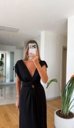 Black Cutout Maxi Dress with Tie Sleeves - Image 2