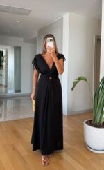 Black Cutout Maxi Dress with Tie Sleeves