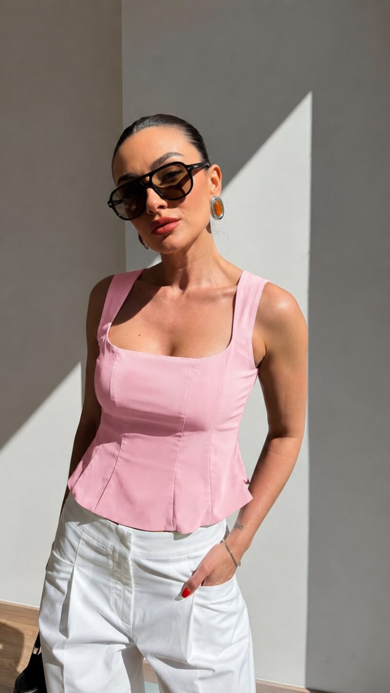 Pink Square Neck Sleeveless Top