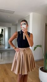 Beige Pleated Drawstring Mini Dress