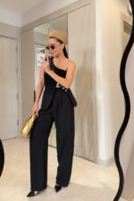 Black One Shoulder Button Detail Set