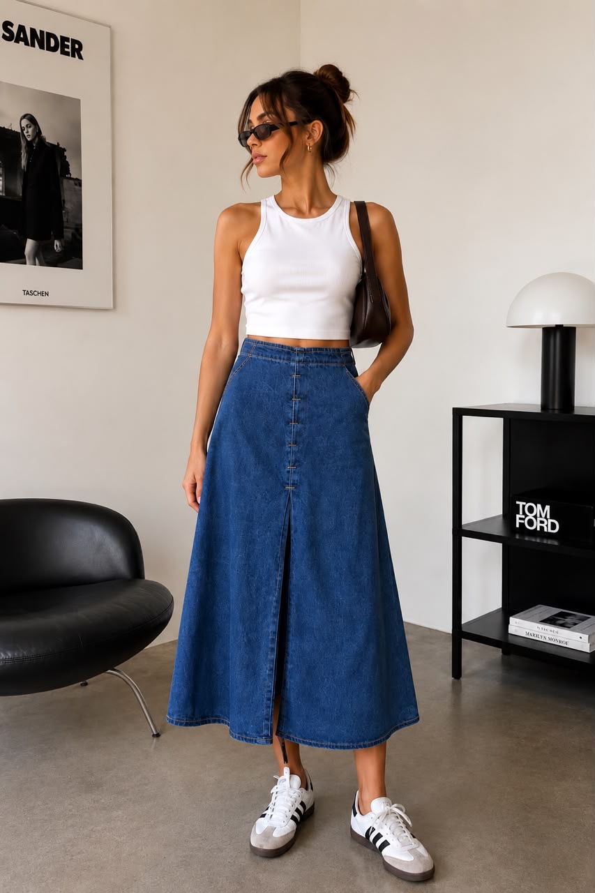 d8ee8f7f-5f16-4365-992d-10059c48813a High Waist Blue Denim Midi Skirt - Image 1