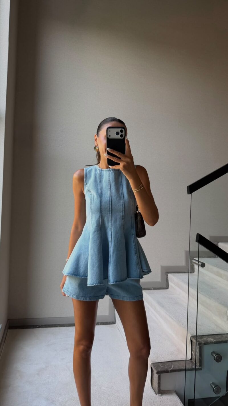 Sleeveless Light Blue Denim Two-Piece Set